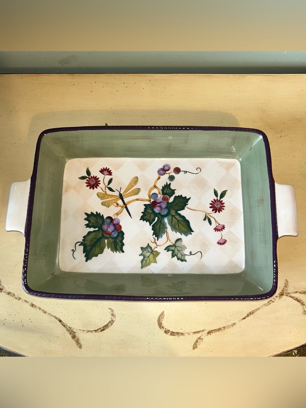 Tracy Porter Rectangular Handled Ceramic Bake Tray Dragonfly Floral Grapes